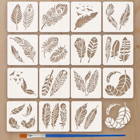 15Pcs Pochoir à Plumes Réutilisable de 15x15cm Avec Pinceau en Plastique pour Dessiner Des Oiseaux Volants Pochoirs à Plumes Motifs Fantaisie pour la Décoration (1/5)
