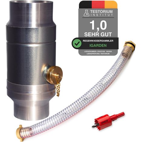 87 mm rain water collector with 45 cm hose and barrel connection for downpipe, galvanised steel sheet + aluminium water collector, double wall construction (1/5)