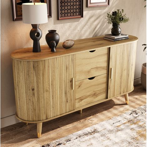Credenza in MDF effetto legno, 2 cassetti, ripiani a giorno, angoli arrotondati, 140x40x79,5 cm, naturale (1/5)