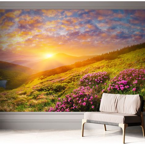 Papier peint adhésif autocollant pour salon chambre à coucher tendance et originale Coucher de soleil en montagne 312x219 cm (1/5)
