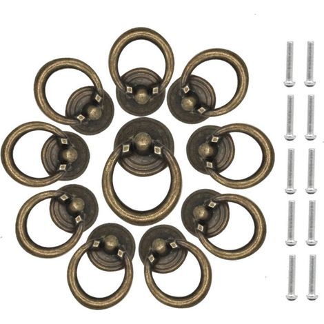 10 Pcs Vintage Poignée Tiroir Bague Poignée Traction d'Armoire Alliage Zinc Boutons d'Anneau de Tiroir Rond Poignée Anneau Goutte Antique pour Placard Armoire Commode Meubles, Rétro Bronze (1/5)