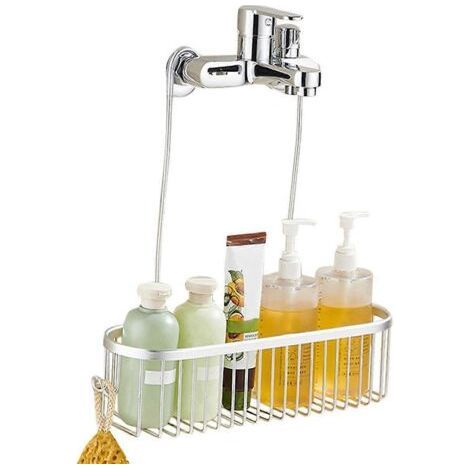 Panier de douche suspendu avec crochets et étagère de rangement, sans perçage. (1/5)