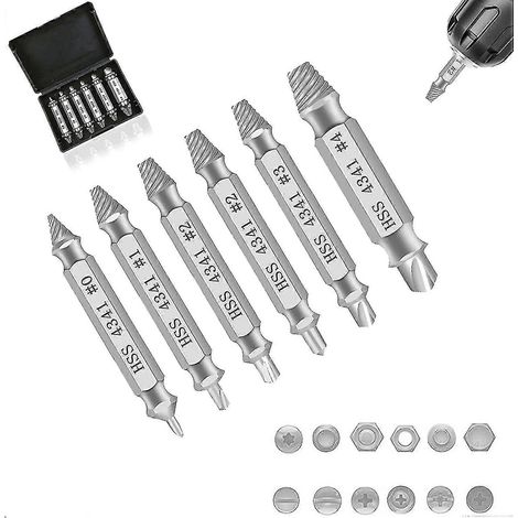 Kit d'extracteurs de vis, 6 pièces. Extracteur de vis endommagées en acier HSS 4341, dureté 62-63 HRC, pour retirer facilement les vis rouillées ou endommagées.