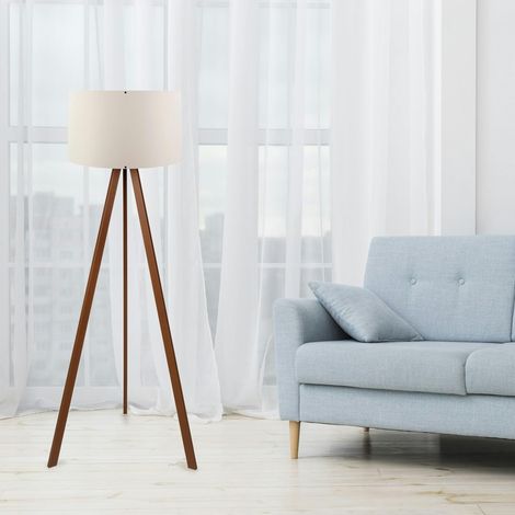 Lampadaire trépied effet bois noyer, abat-jour écru KILIS (1/3)