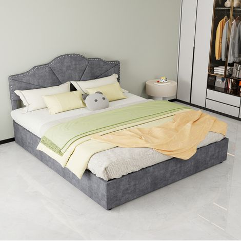Letto matrimoniale in tessuto 160x200 cm grigio OKMYHOME (1/5)