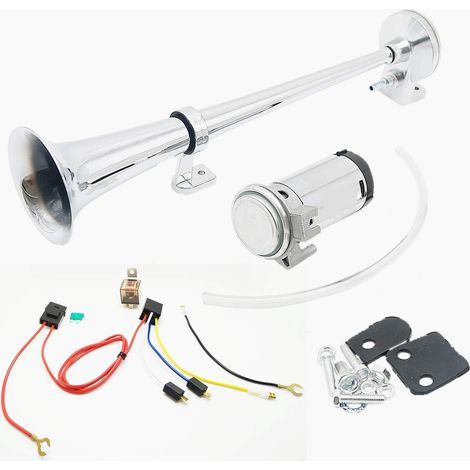 Avertisseur pneumatique de 45 cm avec klaxon de 12 V 150 dB et compresseur - En zinc chromé - Pour tout véhicule 12 V, camion, train, bateau ou voiture (1/5)