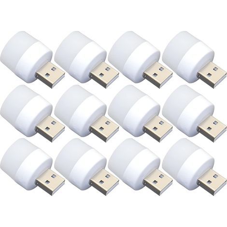 Lot de 12 mini ampoules LED USB de nuit, sans capteur de lumière, à brancher, blanc chaud, compact, idéal pour chambre, salle de bain, cuisine, voiture (lumière blanche) [Classe énergétique G] (1/5)