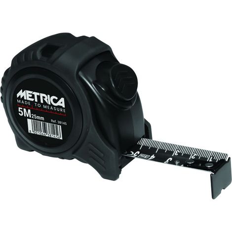 Metrica – Mètre déroulant autobloquant 8 m x 25 mm – Boîtier en caoutchouc antidérapant – Double graduation – Clip inclus