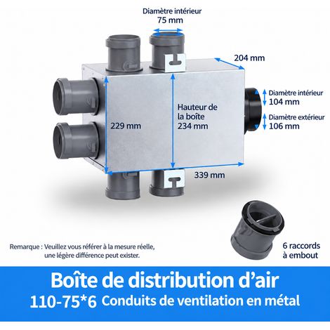 Caisson de distribution d'air métallique VMC n°3 110 vers 6x75 silencieux 3 110 6 pièces75 22,9 × 33,9 × 20,4 cm 2,84 kg – Livraison gratuite
