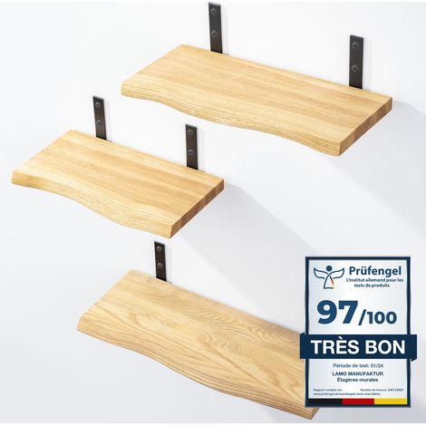 LAMO Manufaktur 3 étagères murales en bois 42/36/30cm Etagère murale en 100% bois massif Etagère murale pour salon, chambre à coucher étagères murales SET 3 bord droit Couleur: Noir