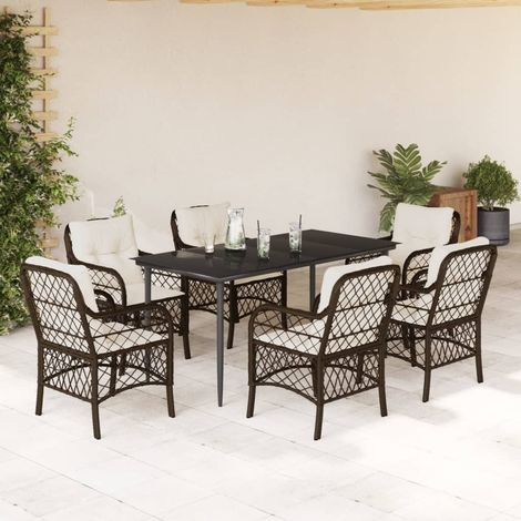 Set comedor de jardín 7 pzas con cojines ratán sintético marrón vidaXL (1/5)