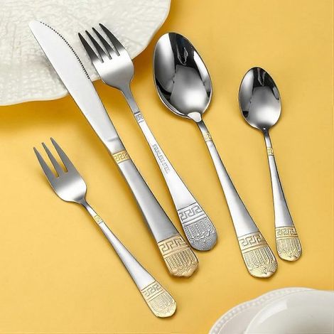 Ensemble de couverts vintage en acier inoxydable doré, 5 pièces, style western, couteau et fourchette à steak, pour hôtel (1/3)