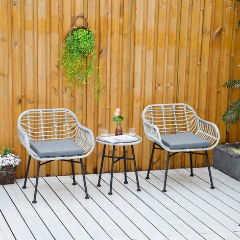Ensemble de mobilier de jardin 3 pièces en rotin PE résistant aux intempéries, salon de jardin avec 2 chaises confortables et table basse à plateau en verre trempé, idéal terrasse, balcon et bistro, c (1/3)