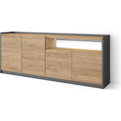 Skraut Home - Credenza, Mobile, Cucina, Madia, mobile ingresso, 207x37x80cm, 4 Porte, LED, Stile moderno, Rovere e nero (1/5)