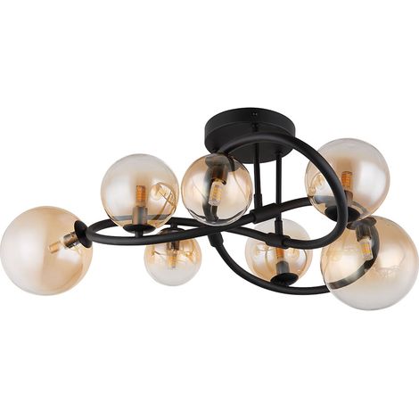 Plafonnier 7 flammes LED Boules de verre Plafonnier Lampe de table à manger Rétro Lampe de salon, noir ambre, 7x 3,5W 7x 290lm blanc chaud, DxH 62x30 cm (1/5)