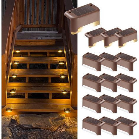 Juego de 16 luces solares para escaleras exteriores - Impermeables - Iluminación LED para escaleras exteriores, peldaños, vallas, patios, canalones, caminos, decoración, luz blanca cálida. (1/5)