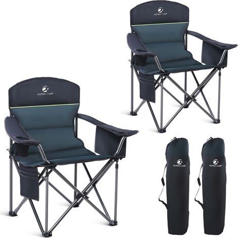 Chaise de camping pliante de pêche, portable, portée 200 kg, avec sac thermique, accoudoir, porte-boissons, fauteuil de camping (vert, 2 pièces)