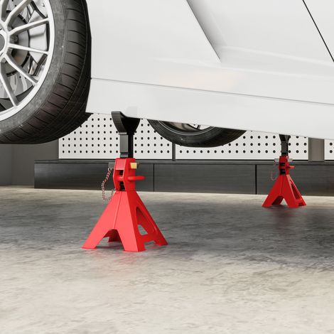 Set di 2 cavalletti per auto, capacità di sollevamento 3 tonnellate, altezza regolabile da 290 a 418 mm, perno di sicurezza rosso (1/5)