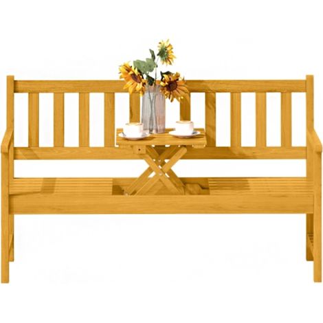 Banc de jardin 2 places en bois, résistant aux intempéries, avec dossier et accoudoirs, table pliante, banc de parc, charge maximale 320 kg, banc de balcon, 149 x 56,5 x 89 cm, teck