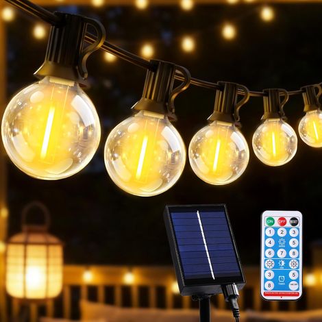 Guirlande Lumineuse Exterieure Solaire LED, 10M Guirlande Solaire Exterieur avec Télécommande 15+1 G40 Ampoules, 8 Modes Étanche IP44 Guirlande Guinguette Extérieur pour Jardin Terrasse Mariage Fête [ (1/5)