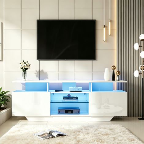 Meuble TV led blanc 160 cm - avec portes et étagères - Meuble de salon moderne - grand rangement (1/5)