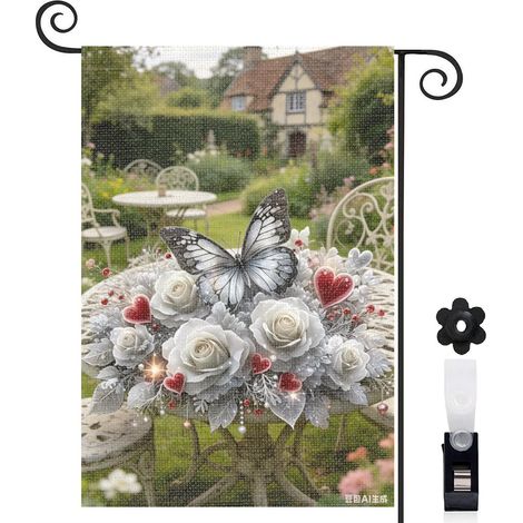 Drapeau de jardin bienvenue 30 x 45 cm motif papillon et bouquet floral élégant toile double face (1/5)
