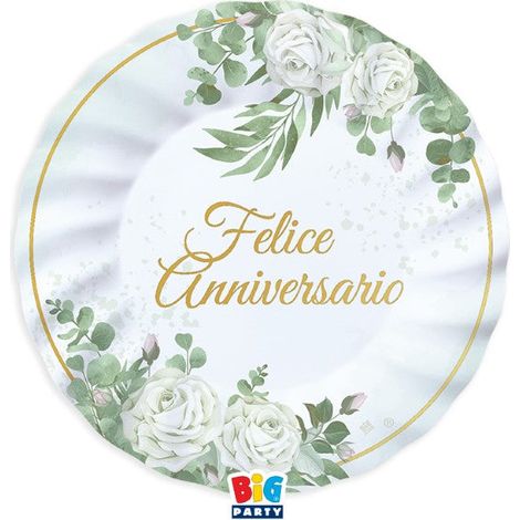 Big Party Piatti Carta Felice Anniversario Eucalipto D 20 Cm Bianco Verde