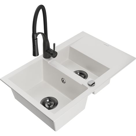 Mexen Gaspar fregadero de granito 1,5 senos con escurridor y grifo de cocina Aster, blanco - 6507-20-73450-70-B (1/5)