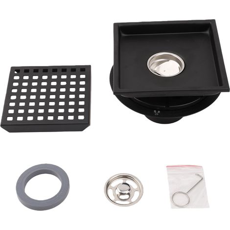 Siphon de douche avec bride, kit de sol carré en acier inoxydable 304, grille et filtre à cheveux pour salle de bain, noir mat, taille S (1/5)