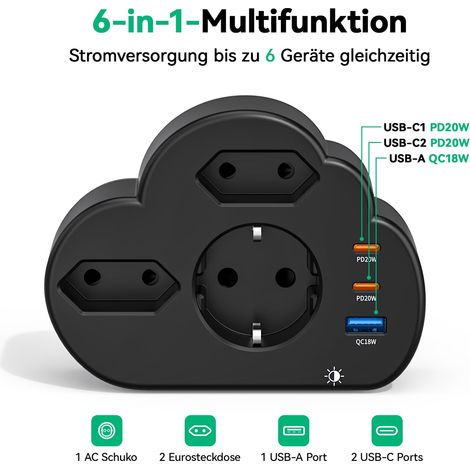 Adaptateur multiprise 6 en 1 avec PD 20 W USB C, 4000 W/16 A, 3 prises avec 3 ports USB, répartiteur de prise sans fil, pour cuisine, maison et voyage (1/5)