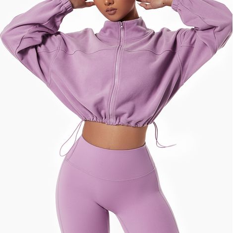 Veste courte de yoga et de course à pied, ample, manches longues, fermeture éclair intégrale, col montant, couleur unie, violet taro, taille XL. Vêtement de sport pour femme. (1/4)