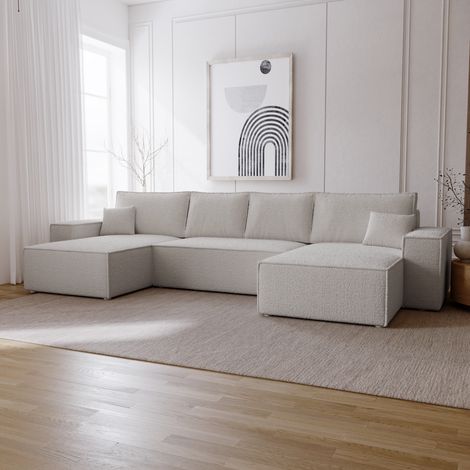 Emporius Canapé d'angle bouclé Bergamo U, 377 cm, 6 places - canapé convertible, gris clair (1/5)