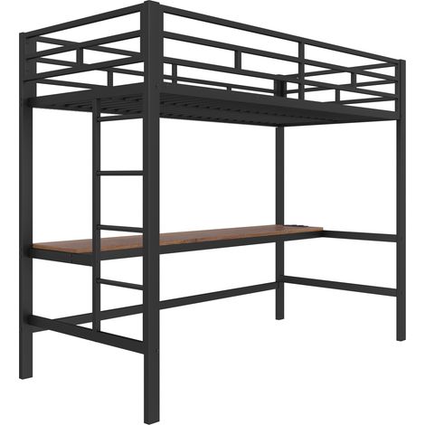 Lit mezzanine 90 x 200 cm en métal noir avec bureau, échelle, garde-corps, LED (1/5)