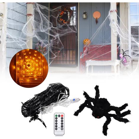 Spinnennetz-Lichterdekoration für Halloween, 70 leuchtende schwarze LEDs, wasserdichte orangefarbene Lichter, USB-Version (1/5)