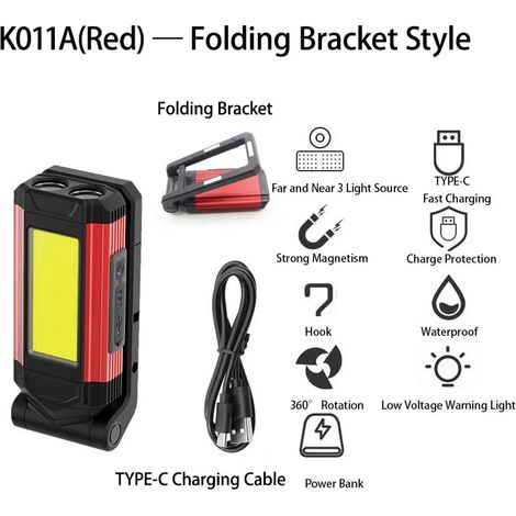 Lampe de travail magnétique COB portable - Rechargeable - Lampe torche - Ultra-lumineuse - Étanche - Camping - Avec support (1/5)
