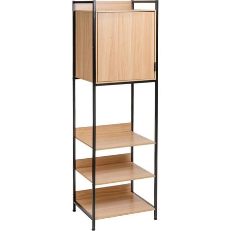 Meuble de rangement - JUANIO - Meuble étagère avec armoire intégrée - métal noir - chêne naturel - 60x48x190 cm (1/5)