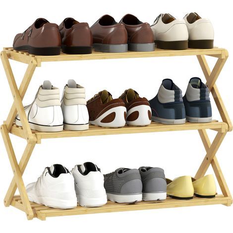 Scaffale per scarpe stretto in bambù, scaffale verticale pieghevole a 3 livelli, facile da installare, colore naturale (1/5)