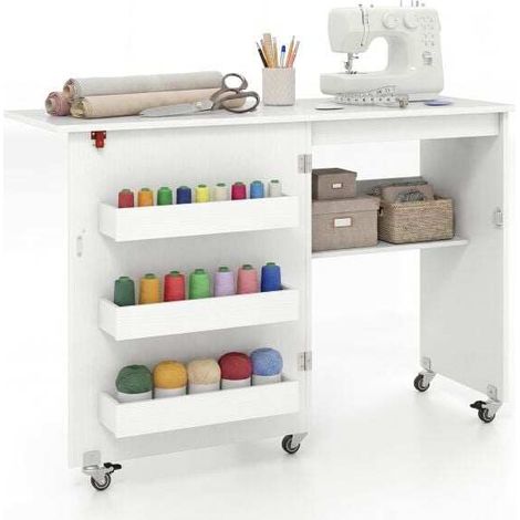 Table de couture blanche pliante en panneaux robustes avec 3 compartiments cachés et roulettes verrouillables (1/5)