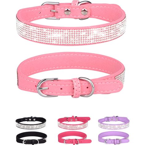 Collier pour petit chien – Collier réglable en cuir finition suédine avec strass (Rose, taille S) (1/5)