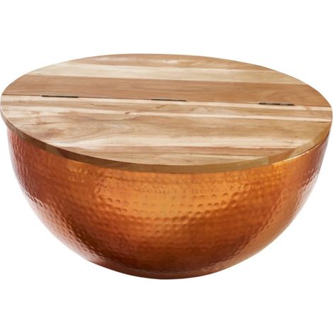Tavolino basso TRIANE 60 cm con contenitore – Piano in legno di acacia e struttura in alluminio rame martellato