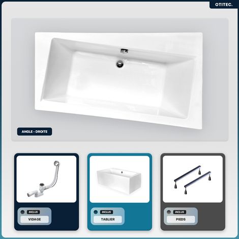 Baignoire asymétrique - 170 x 110 cm - Droite - avec Tablier Blanc - Pieds - Vidage Chrome - INFINITY (1/5)