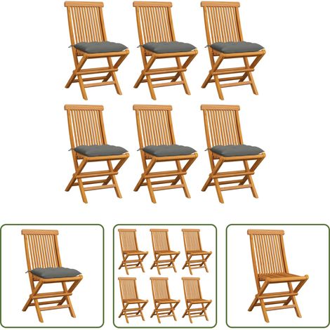 Teakholz - Gartenstühle mit Grauen Kissen 6 Stk. Massivholz Teak (1/5)