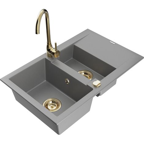 Mexen Gaspar lavello in granito 1,5 vasca con gocciolatoio e rubinetto da cucina Telma, grigio - 6507-71-670200-50 (1/5)
