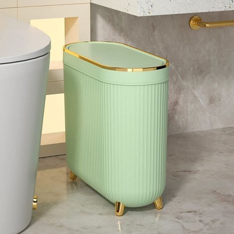 Bathroom bin with lid, slim wastebasket, narrow rectangular plastic wastebasket for kitchen, bathroom, office (green) (1/4)