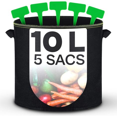 5 Sacs De Plantation 10L Avec Fenêtre Et Étiquettes, Géotextile Noir Pour Jardin Balcon (1/5)