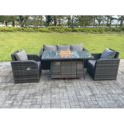 Fimous Dunkelgrau Gemischt Rattan Outdoor Gartenmöbel Gas Feuerstelle Brenner Tisch Sets Lounge Sofa Liegestühle 5 Sitzer (1/4)