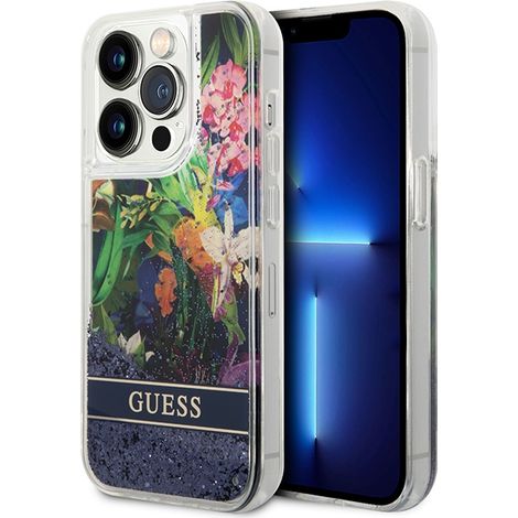 Hülle für iPhone 14 Pro Max, Guess Flower Liquid Glitter Blau (1/5)