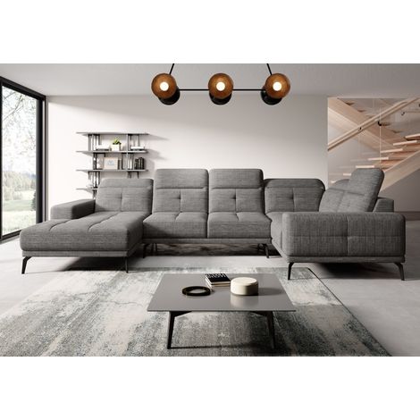 Canapé panoramique design SKAW tissu - Têtières réglables A droite-Gris chiné-Méridienne A droite (1/5)