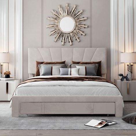 Letto con cassetti 140x200 cm – Letto matrimoniale imbottito con rete a doghe e grande cassetto contenitore – Velluto – Beige