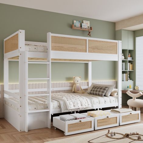 Letto a castello, letto per bambini, bellissima sponda in rattan intrecciato, tre cassetti con rotelle, robusta rete a doghe, con sponde di sicurezza, pino + MDF + compensato, bianco + naturale, 90x20 (1/5)
